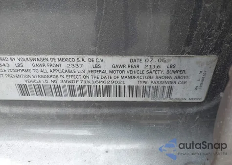 2006 Volkswagen Jetta 2.5 z USA, uszkodzony, nr VIN 3VWDF71K16M629021